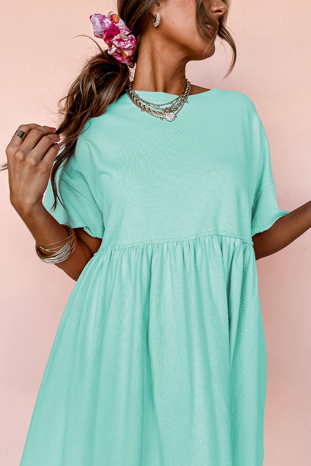 Moonlight Jade Solid Color Pocketed Raw Edge Babydoll Dress - Image 5