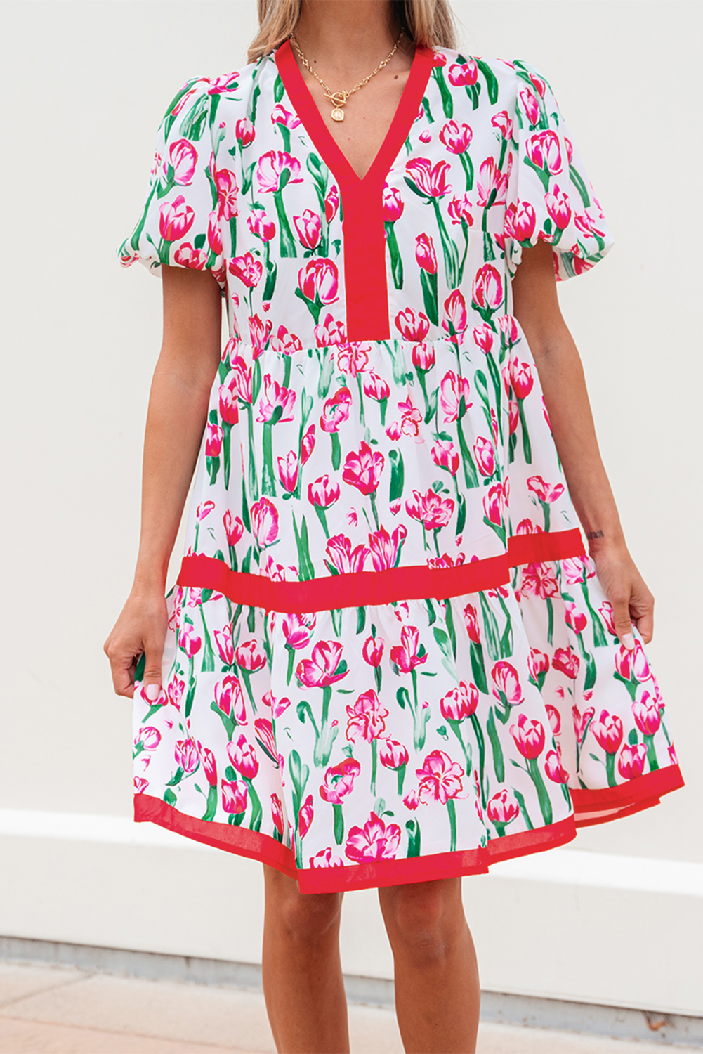 Pink Floral Print Contrast Trim V Neck Bubble Short Sleeve Babydoll Dress - Image 7