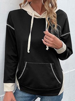 Black Contrast Seam Color Block Hooded Sweatshirt
