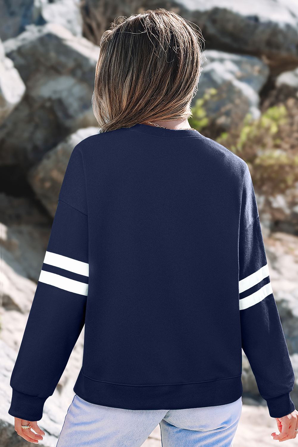 Navy Blue Varsity Striped Detail Drop Shoulder Oversized Sweatshirt - Image 4