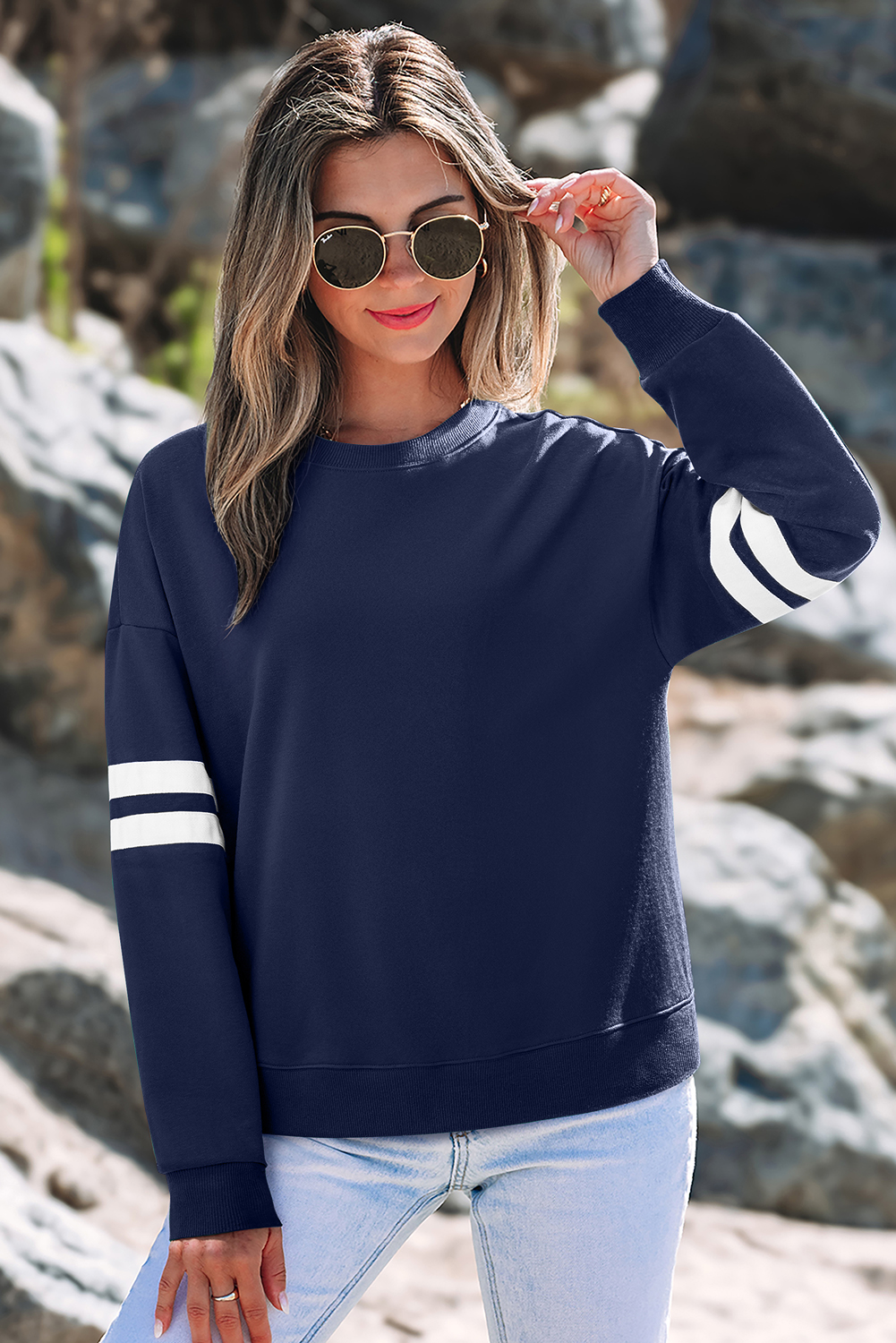 Navy Blue Varsity Striped Detail Drop Shoulder Oversized Sweatshirt - Image 3