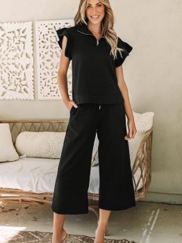 Black Textured Flutter Sleeve Top Wide Leg Pants Set