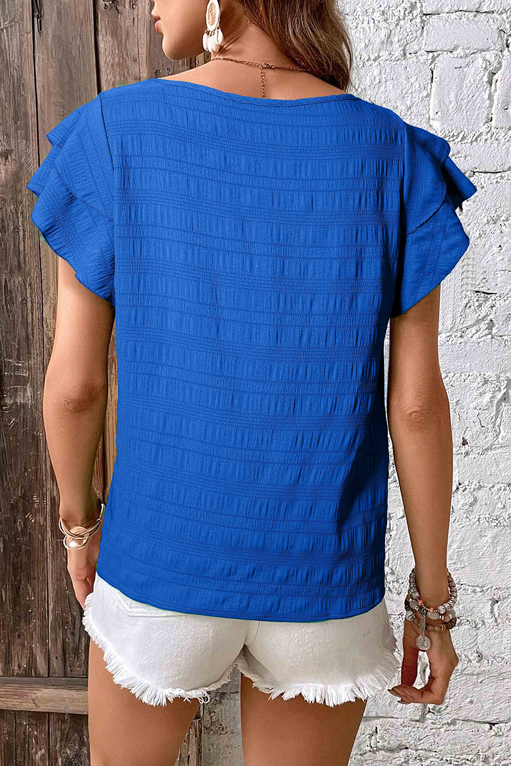 Dark Blue Textured Ruffled Sleeve Round Neck Top - Image 2