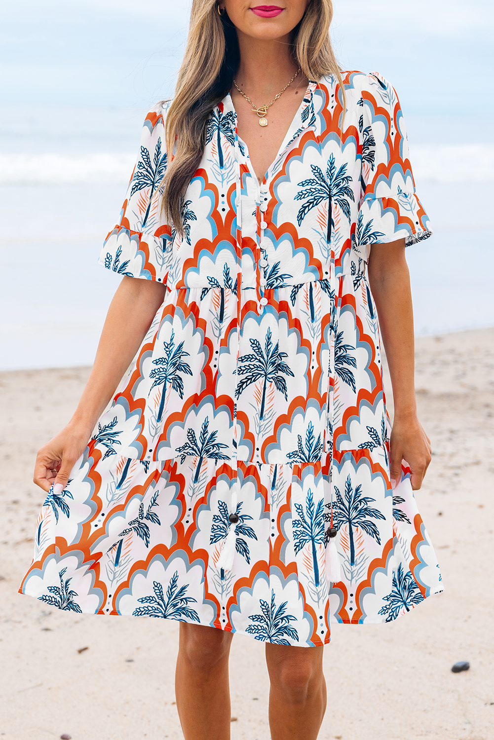 Orange Contrast Palm Tree Printed Short Sleeve Flowy Dress - Image 7