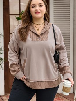 Goat Waffle Contrast Patchwork Plus Size Pocketed Hoodie