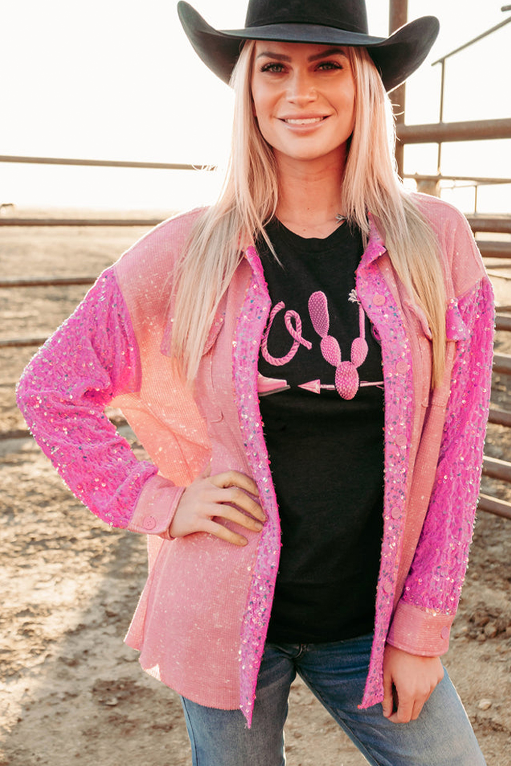 Apricot Pink Mineral Wash Sequin Patchwork Flap Pocket Shacket - Image 4