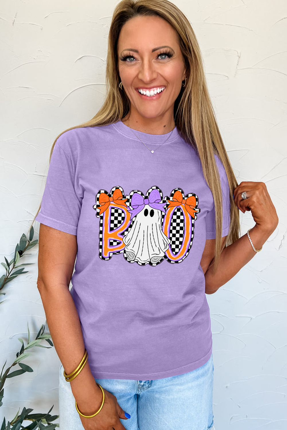 Wisteria Boo Checkered Bow Ghost Halloween Graphic Tee - Image 3