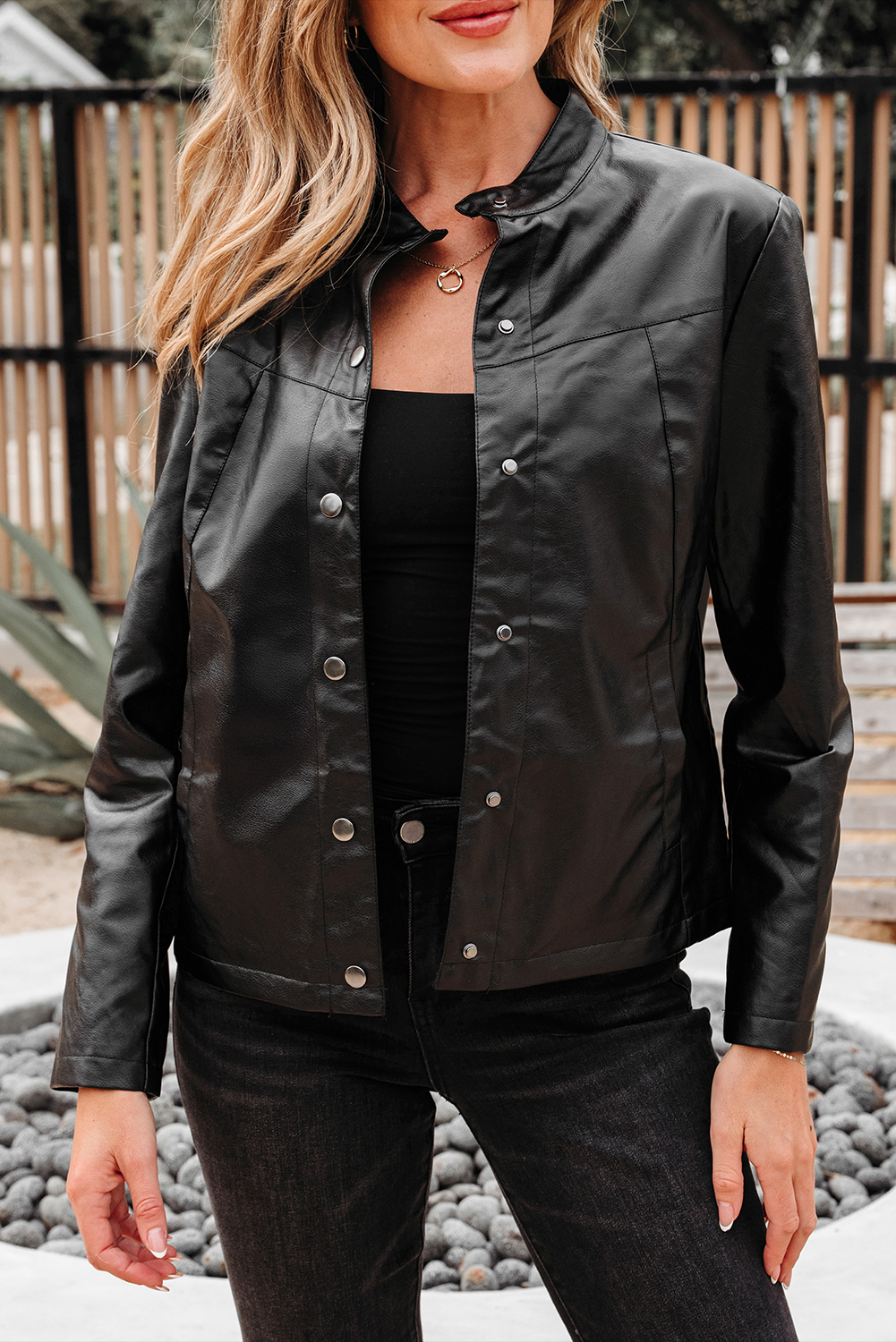 Black Faux Leather Buttoned Front Boxy Jacket - Image 8