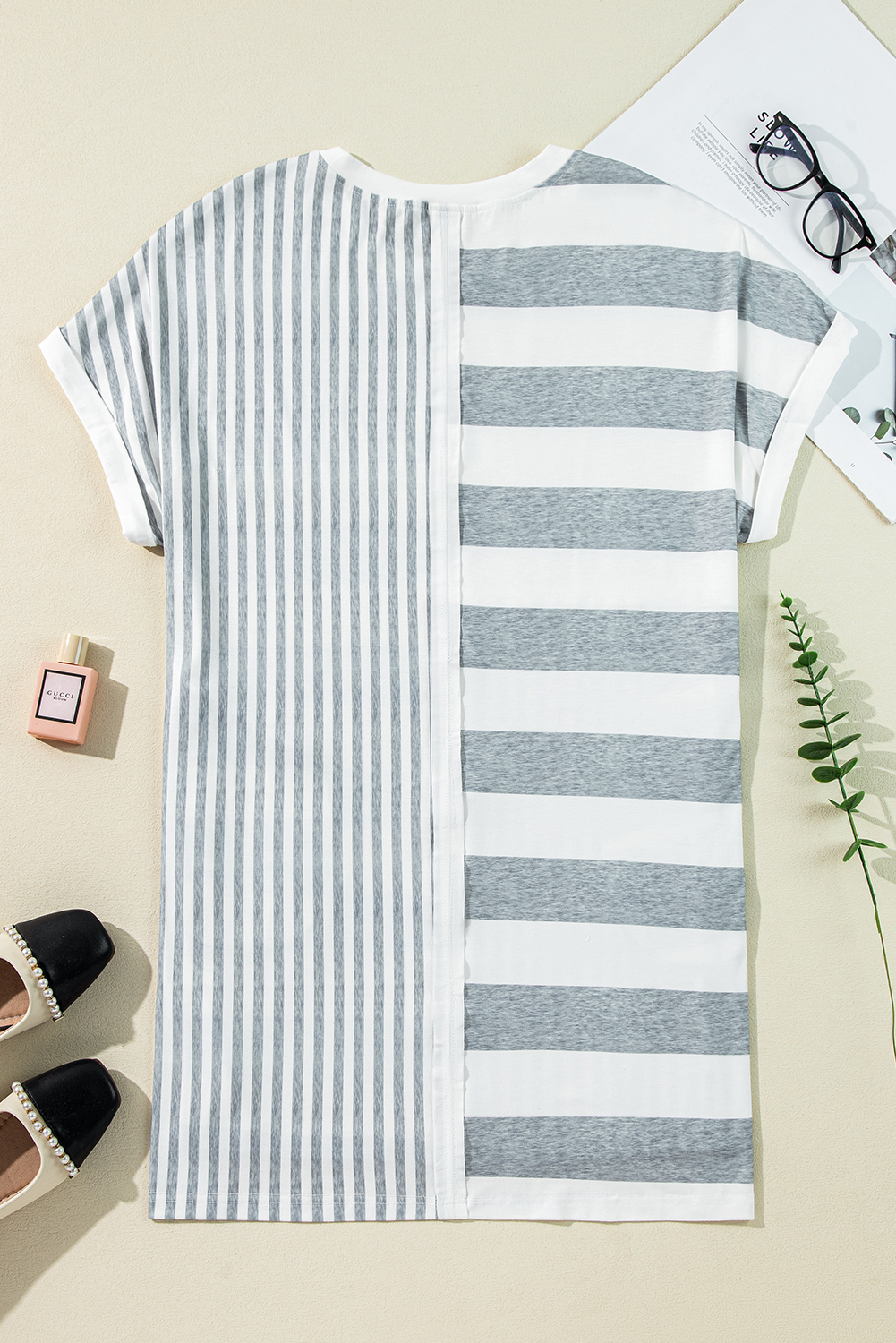 Gray Stripe Mixed Printed Short Sleeve Shift Mini T Shirt Dress - Image 7