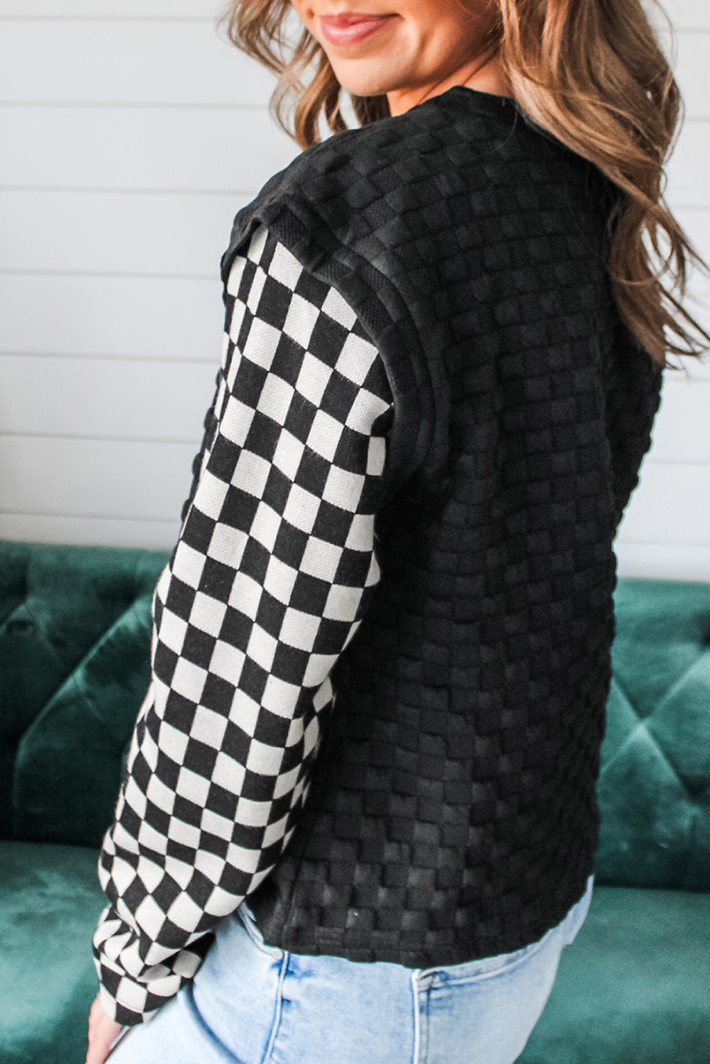 Black Plaid Textured Contrast Checkered Patchwork Long Sleeve Top - Image 2
