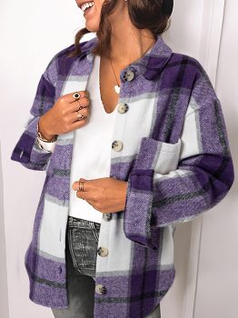 Purple Plaid Color Block Buttoned Long Sleeve Jacket with Pocket