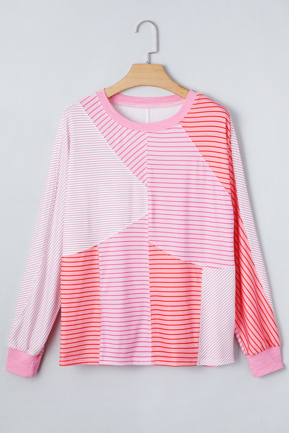 Sachet Pink Striped Colorblock Exposed Seam Casual Long Sleeve Top - Image 4