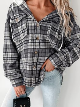 Black Plaid Print Flap Pockets Contrast Hooded Loose Shacket