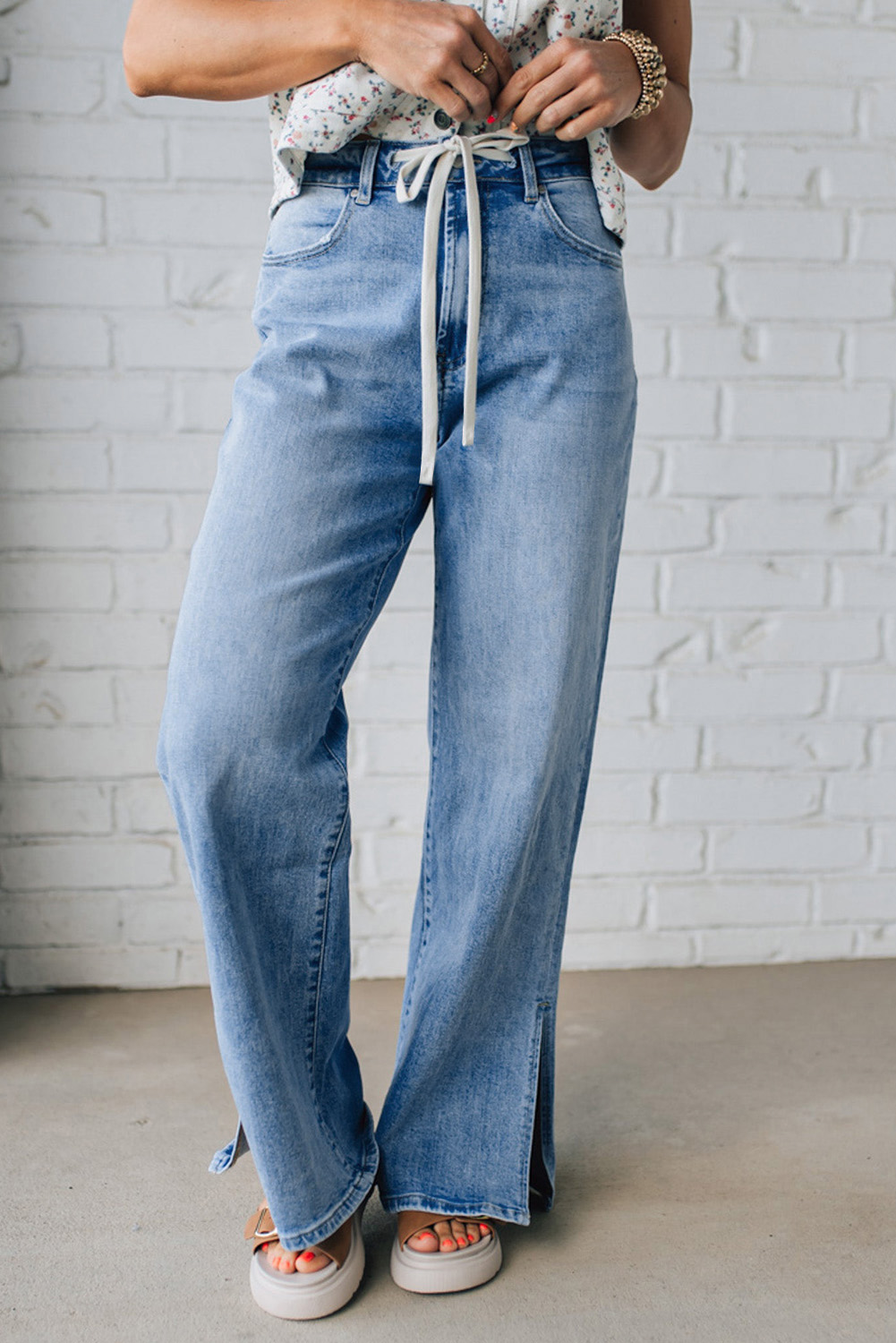 Myosotis Slit Leg High Rise Drawstring Casual Jeans - Image 5