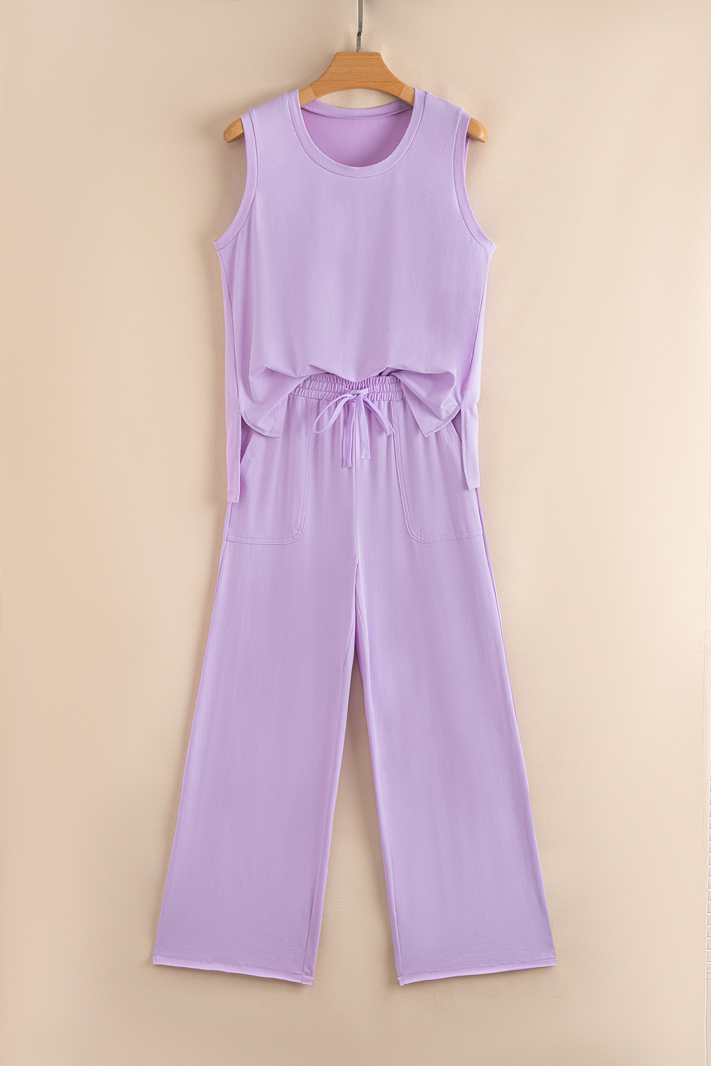 Orchid Petal Mineral Wash Casual Round Neck Tank and Straight Loose Drawstring Pants Set - Image 4