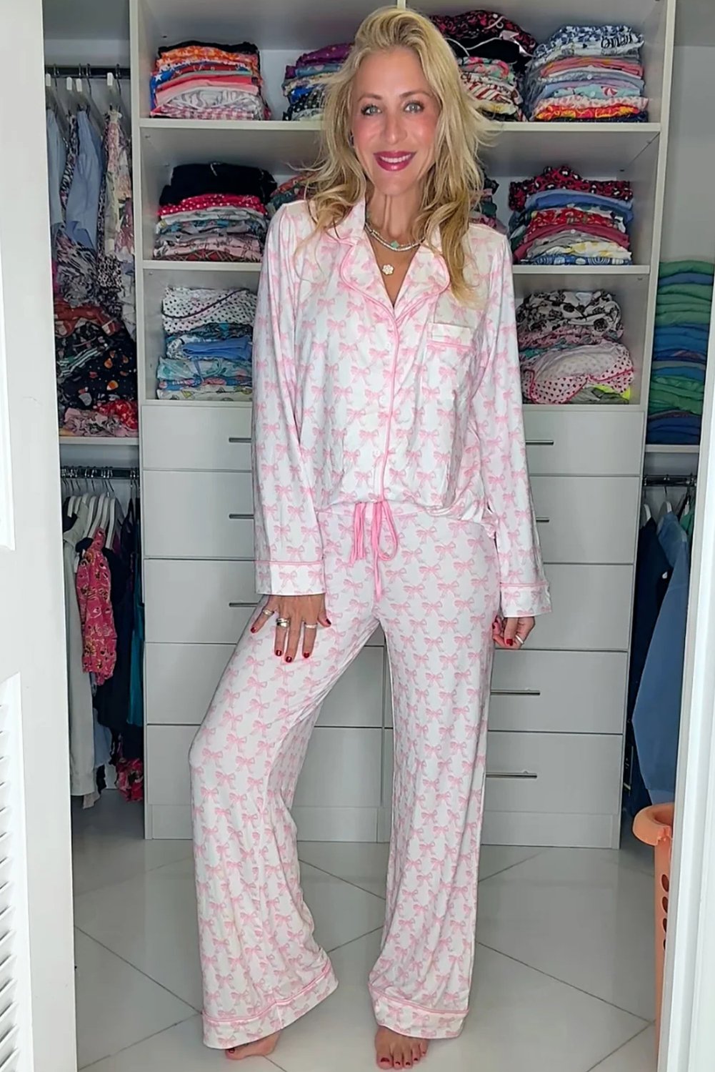 Pink Bow Print Long Sleeve Shirt and Pants Soft Pajama Set - Image 2