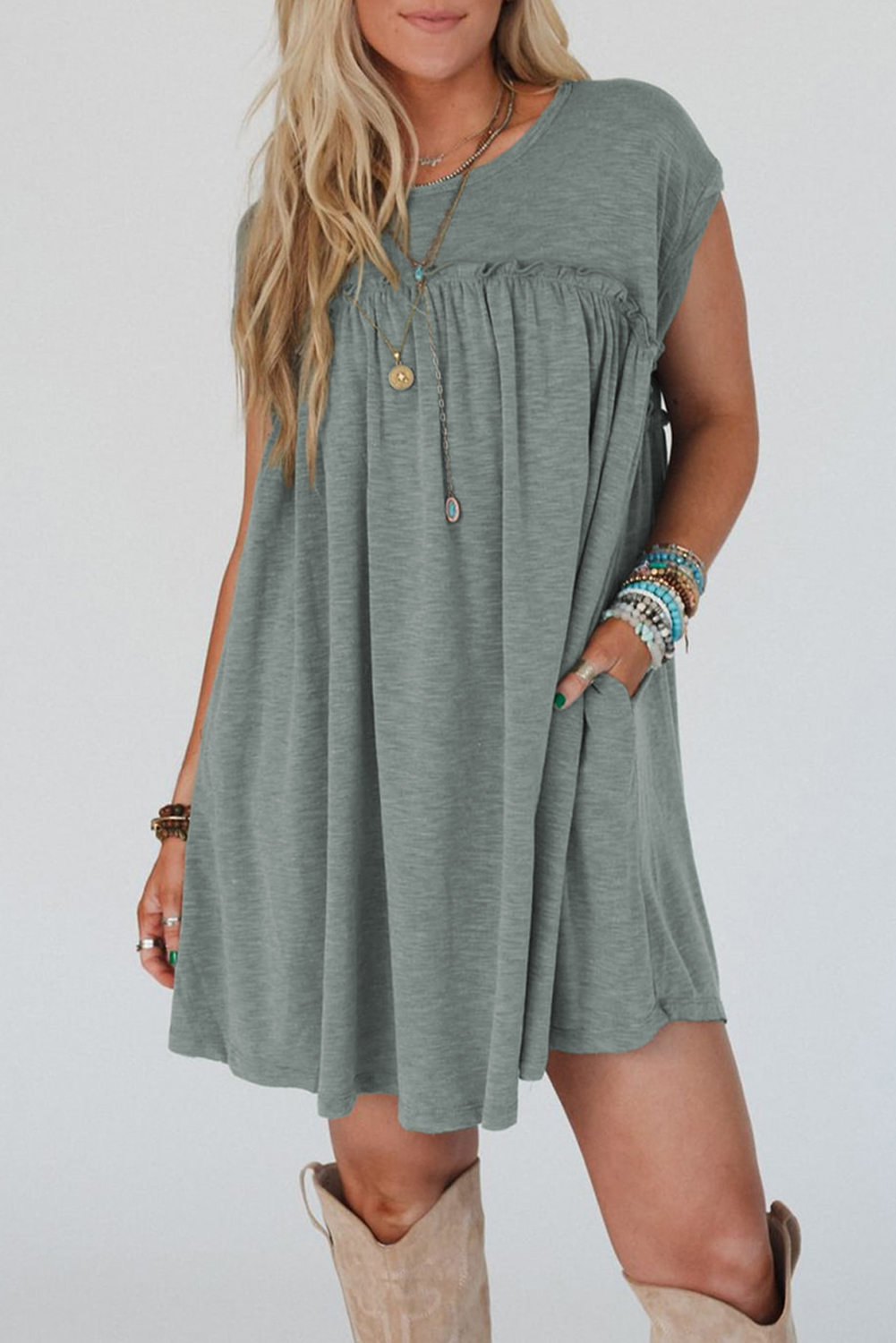 Mist Green Frilled Gathered Seam Round Neck T Shirt Dress - Image 8
