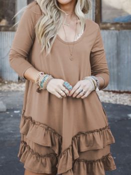 Goat Scoop Neck Tiered Ruffled Hem Long Sleeve Mini Dress