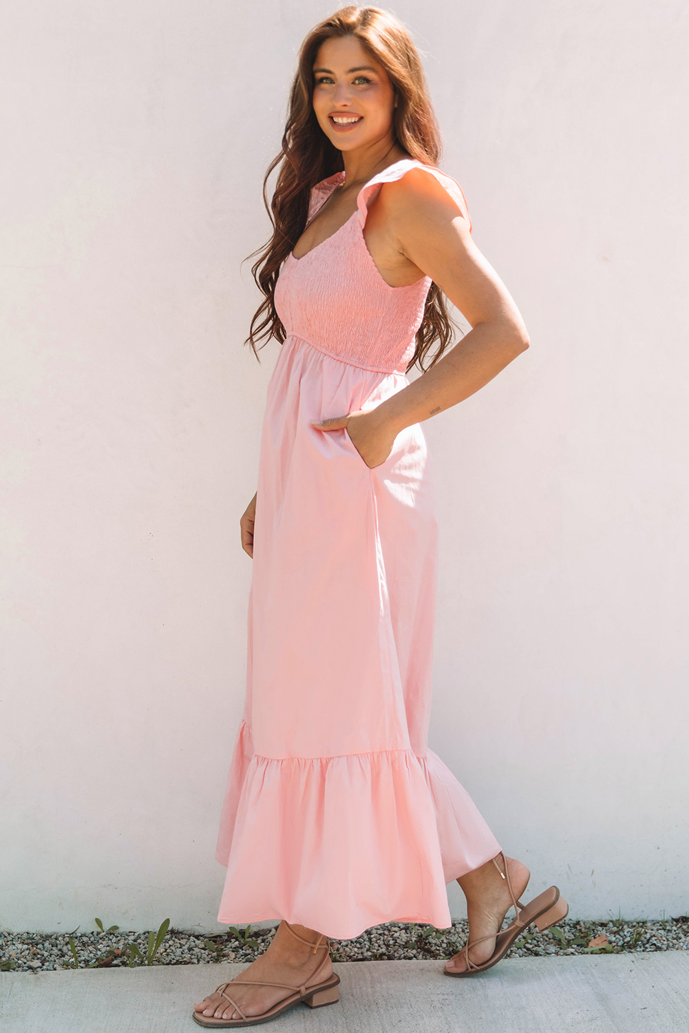 Pink V Neck Flutter Sleeve Smocked Bodice High Waist Ruffle Maxi Dress - Image 5