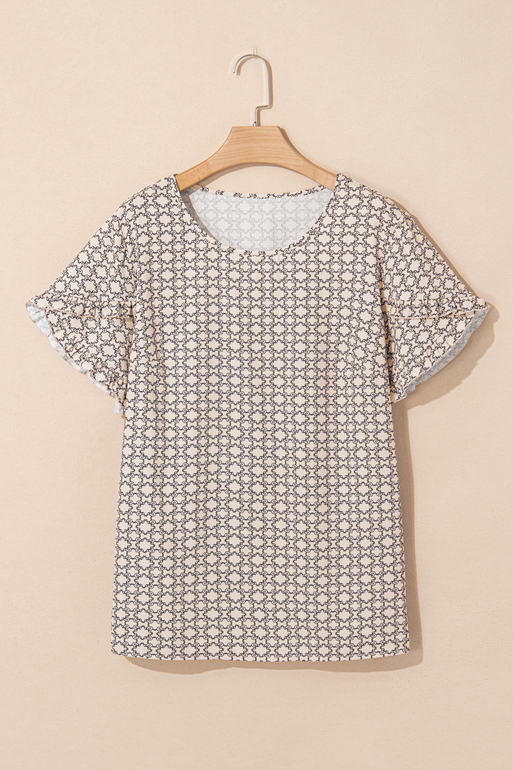 Khaki Plus Size Geometric Print Ruffled Sleeve Blouse - Image 7