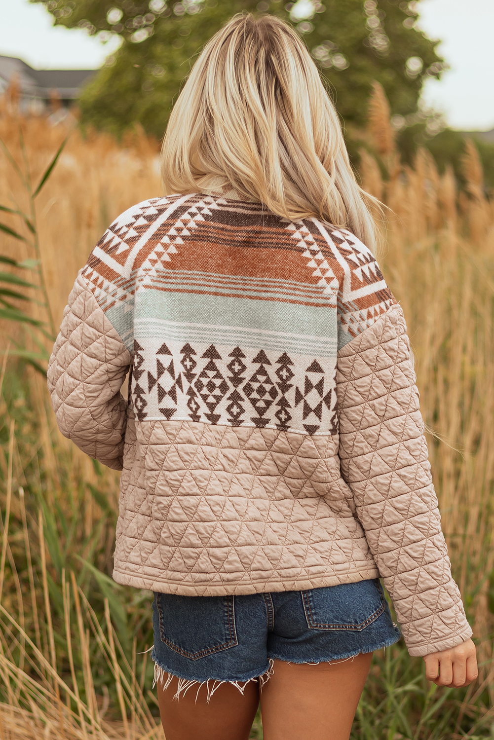 Light French Beige Aztec Quilted Patchwork Western Fashion Jacket - Image 2