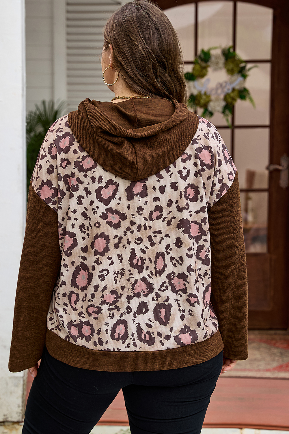 Brown Leopard Print Knit Patchwork Plus Hoodie - Image 2