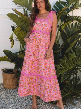 Rose Floral Lace Tied Strap Empire Waist Maxi Dress