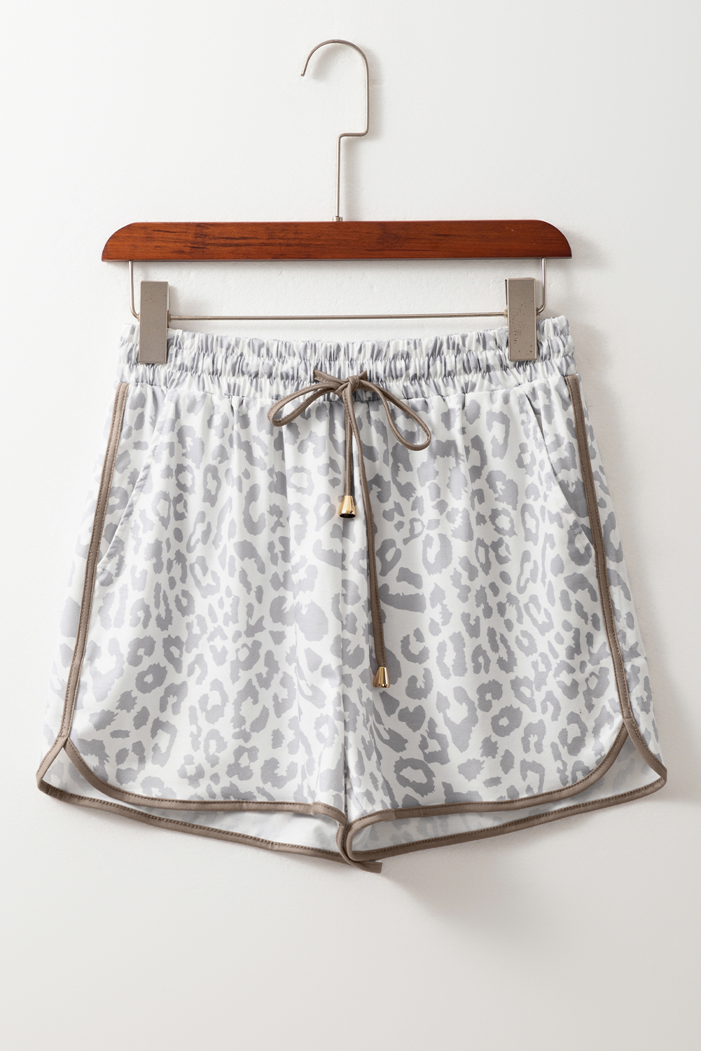 White Leopard Elastic Waistband Lace up Contrast Trim Casual Shorts - Image 4