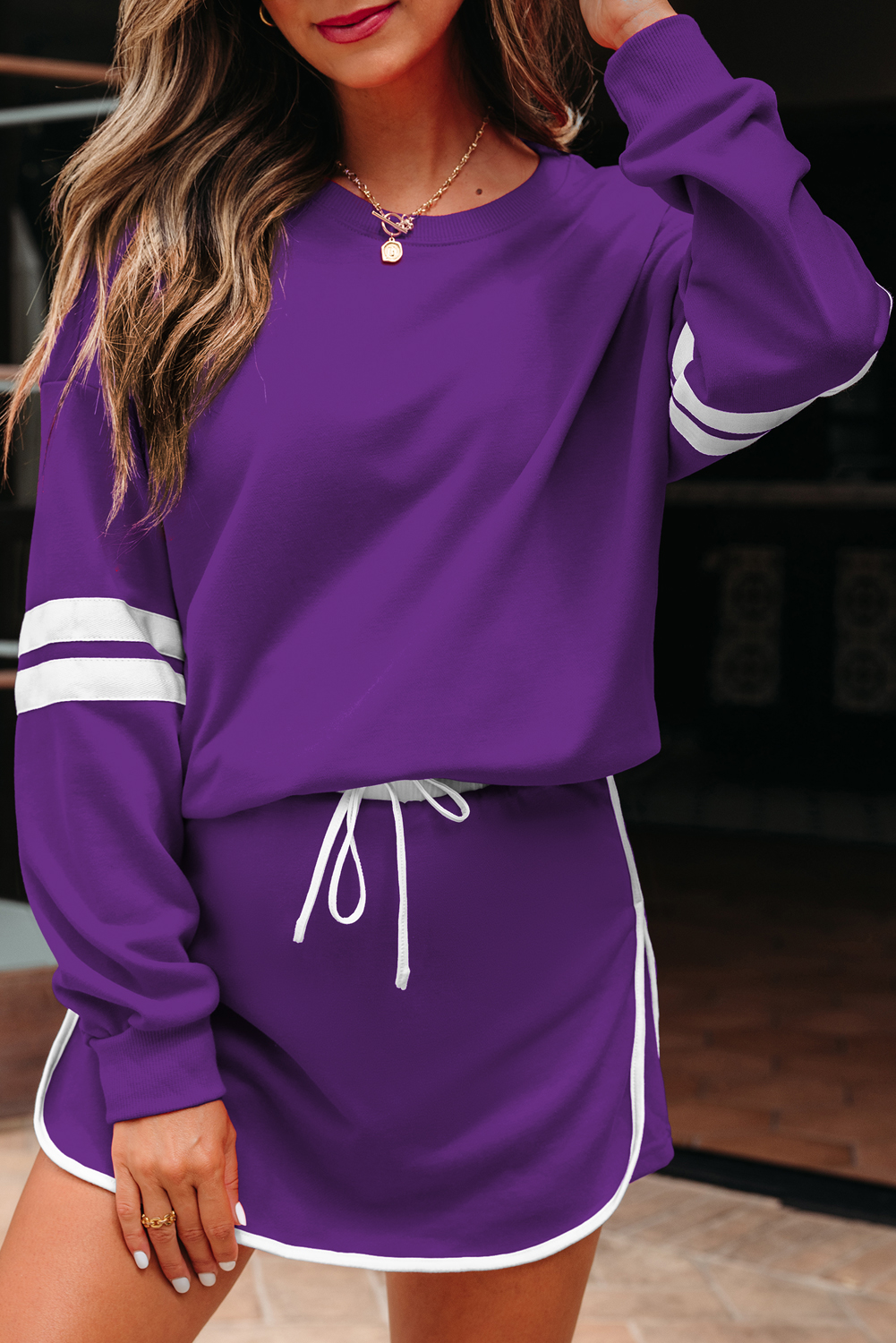 Tillandsia Purple Varsity Stripe Detail Drop Shoulder Pullover Mini Skirt Set - Image 4
