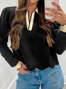 Black Scallop Trim Color Block Long Sleeve Collared Top