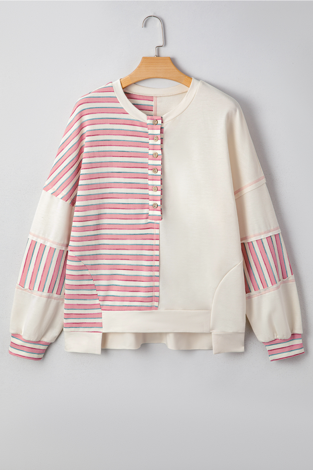 Pink Stripe Stitched Detail Color Block Patchwork Oversized Pullover Top - Image 8