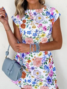 Sky Blue Vibrant Floral Print Cap Sleeve Mini Dress