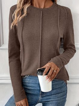 Chicory Coffee Solid Exposed Seam Crew Neck Long Sleeve Top