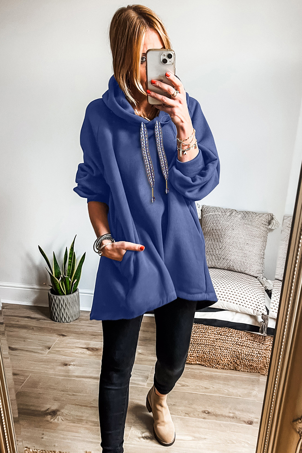 Dirty blue Fleece Lined Adjustable Drawstring Oversize Tunic Hoodie - Image 3