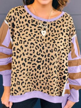 Purple Leopard Striped Patchwork Plus Size Loose Sweatshirt