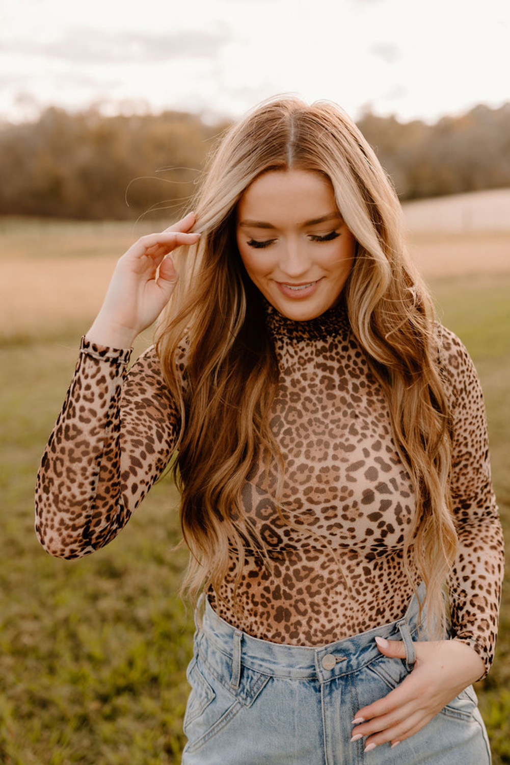 Brown Leopard Smocked Neck Mesh Long Sleeve Bodysuit - Image 8