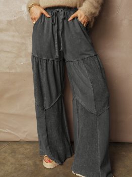 Black Mineral Wash Tiered Wide Leg Patchwork Drawstring Pants