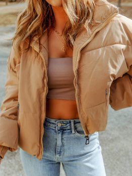 Brown Zip Up Pocketed Puffer Jacket