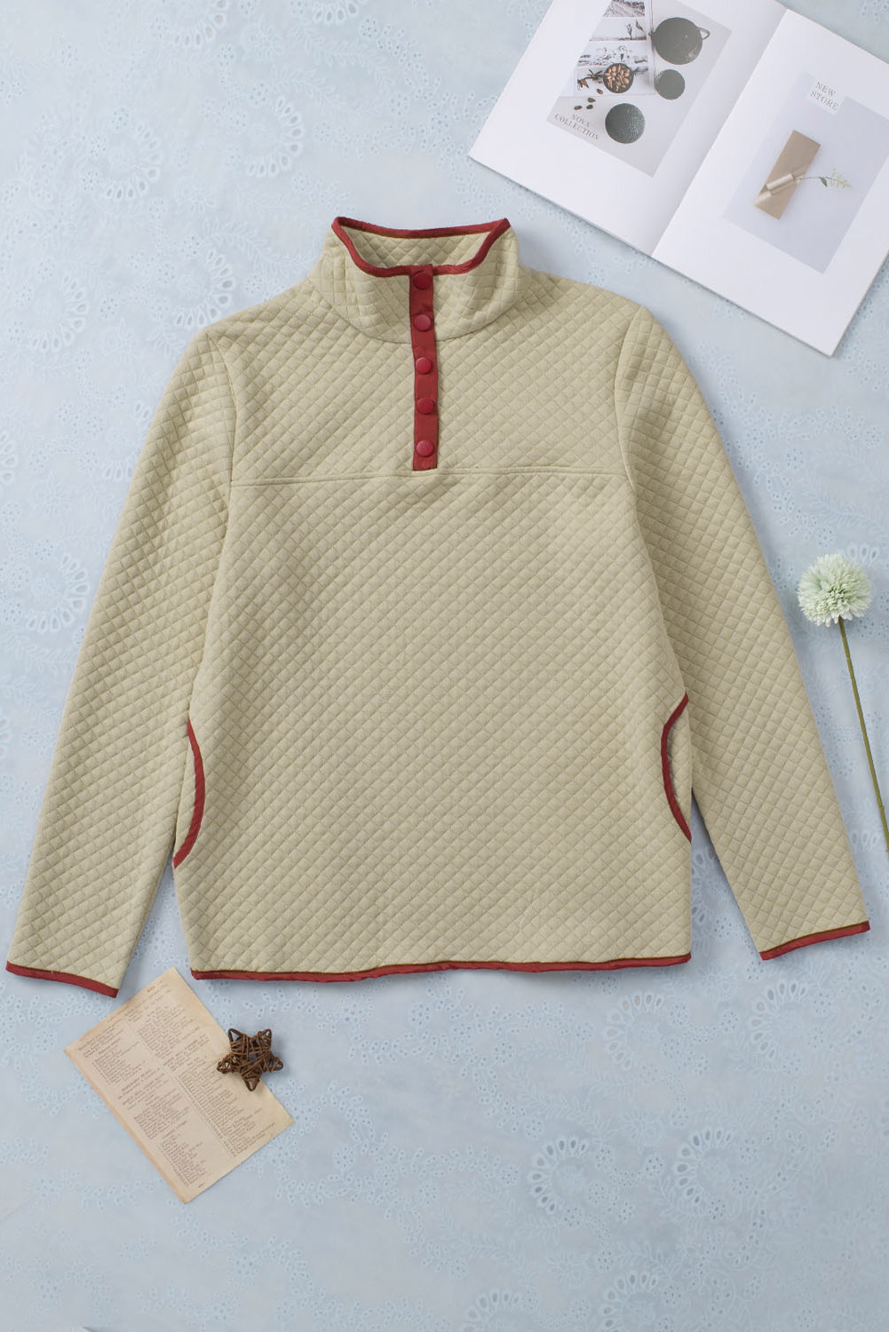 Beige Contrast Binding Snap Button Geometric Pullover Sweatshirt - Image 6