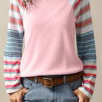 Pink Color Block Round Neck Exposed Seam Patchwork Striped Long Sleeve Top