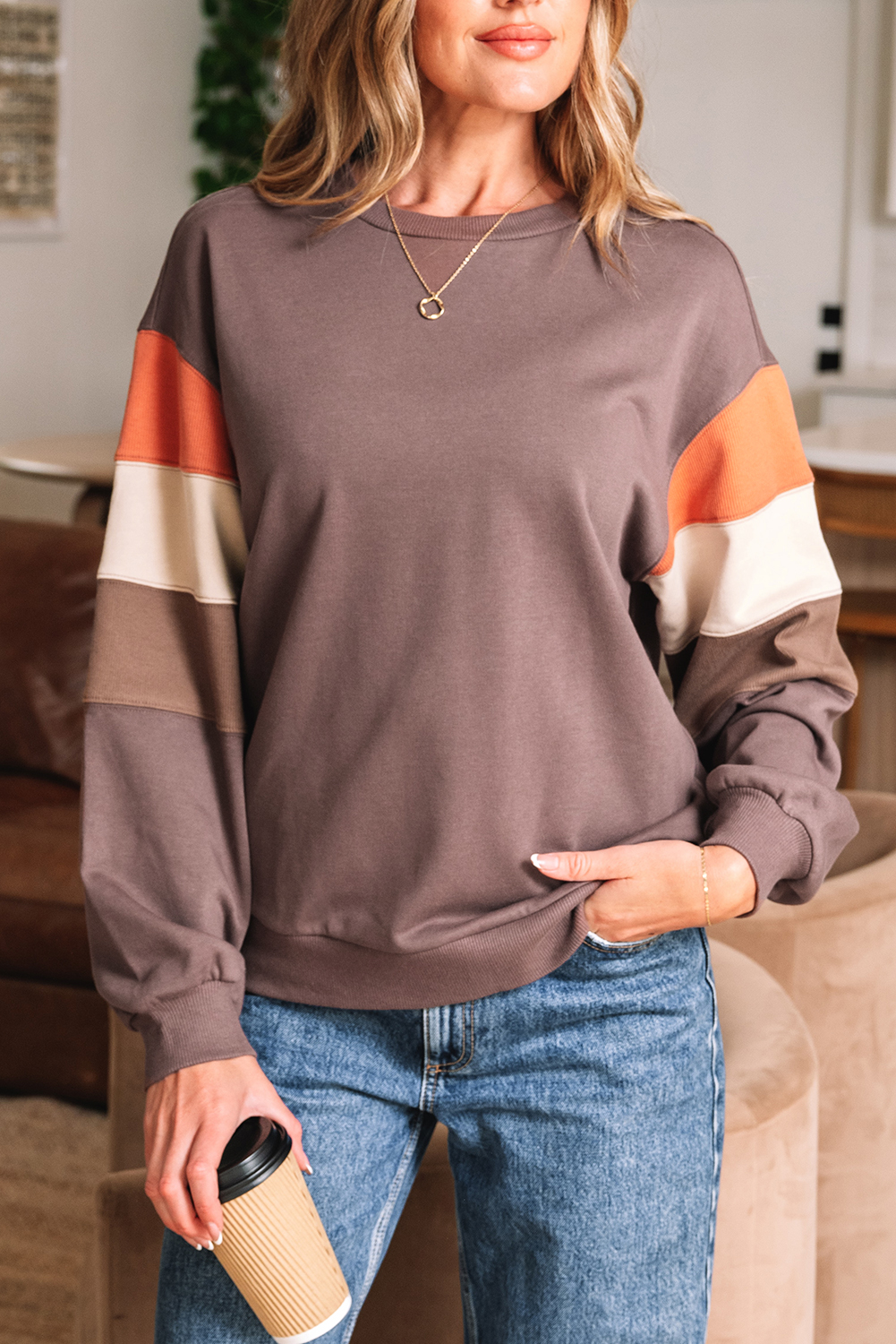 Dark Khaki Color Block Drop Shoulder Pullover Casual Sweatshirt - Image 5