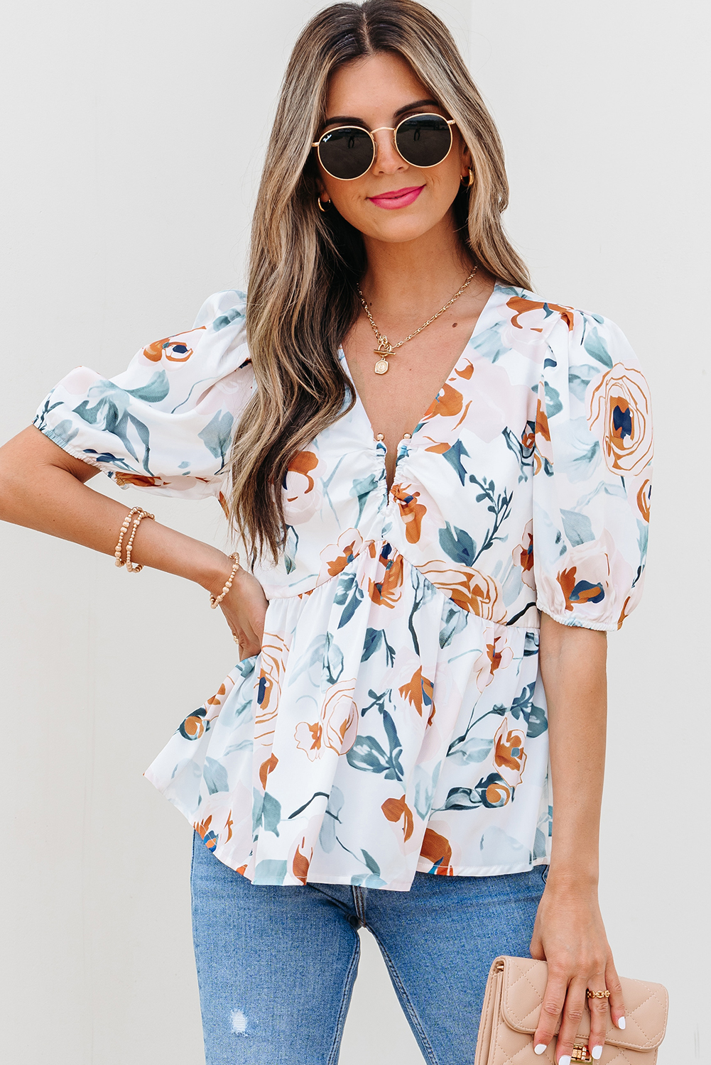 Green Floral Print Puff Sleeve V Neck Babydoll Blouse - Image 4