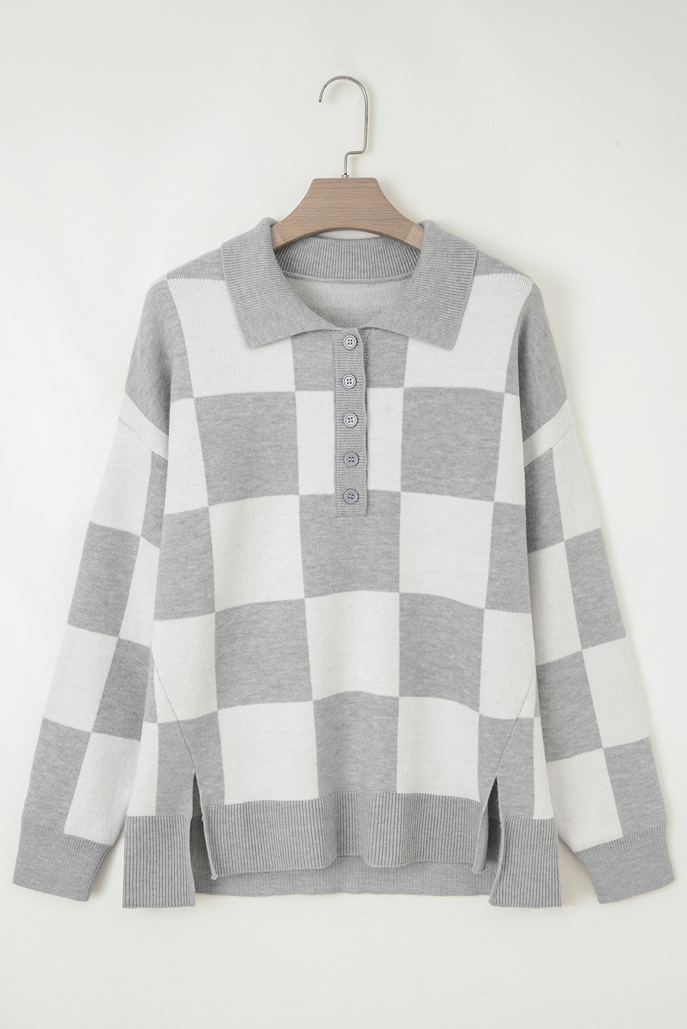 Gray Plus Size Checkered Pattern Button Polo Collar Split Sweater - Image 8