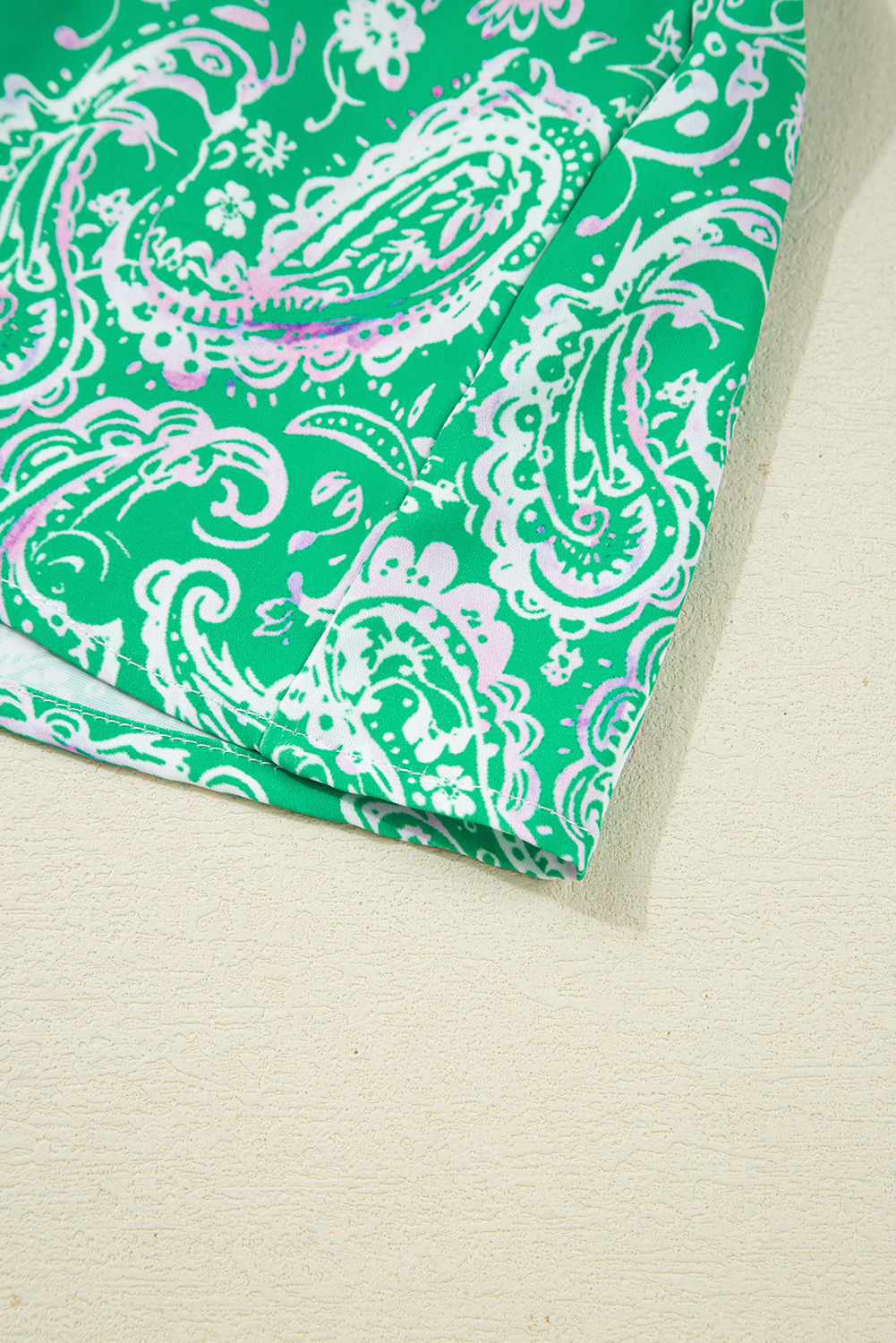 Green Paisley Print Long Sleeve Button Front Tied Waist Mini Dress - Image 8