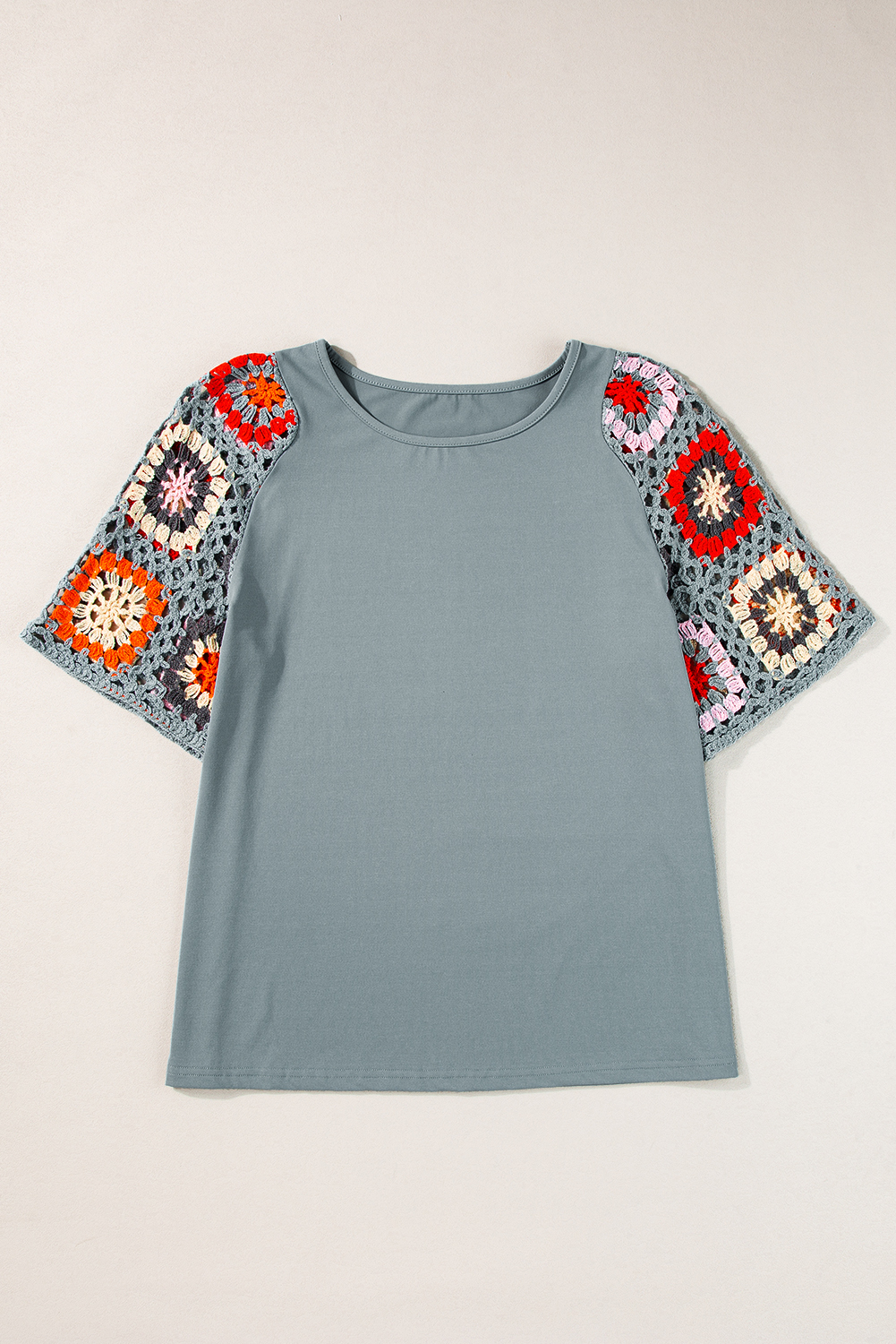 Medium Grey Floral Crochet Short Sleeve Top - Image 3