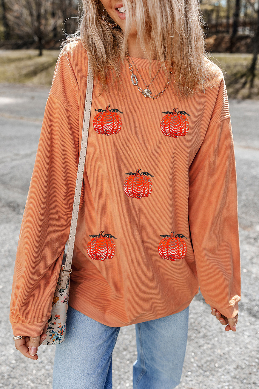 Orange Sequin Pumpkin Patched Twisted Rib Baggy Sweatshirt - Image 7