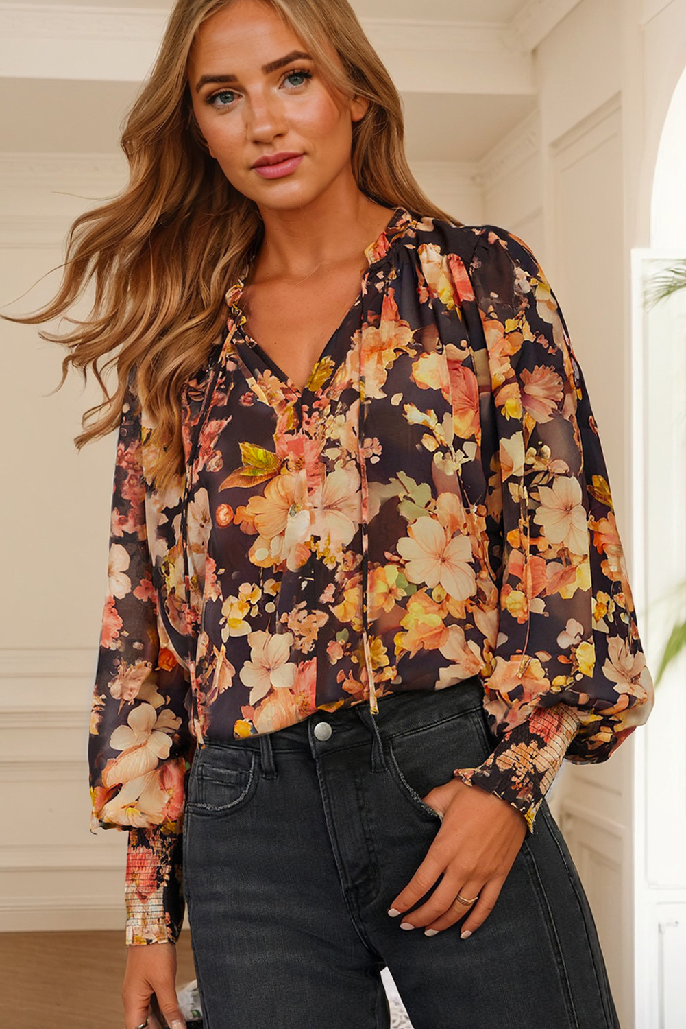 Black Floral V Neck Long Puff Sleeve Breezy Blouse - Image 3