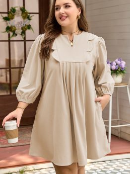 Parchment Notched Neck Scallop Detail Plus Size Mini Dress