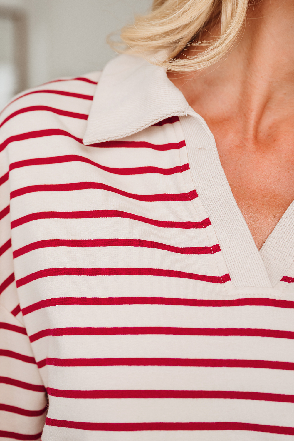 Red Stripe Cropped Collared Drop Shoulder Pullover and Bubble Mini Skirt Set - Image 7