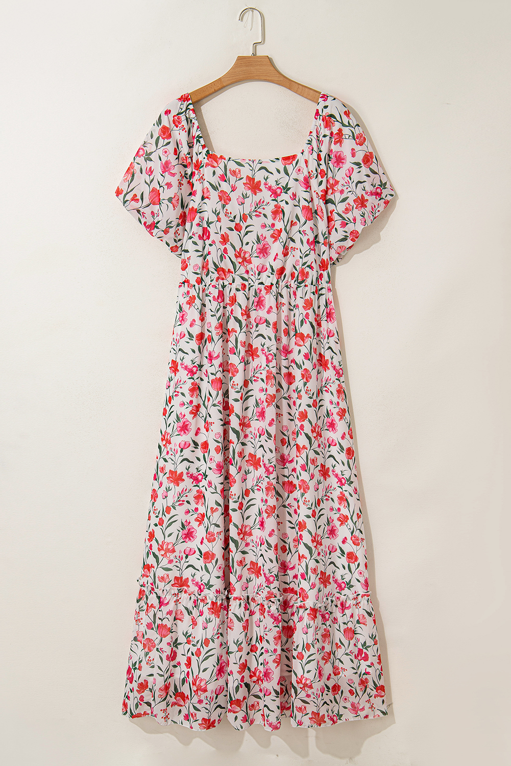 Pink Plus Size Floral Square Neck Puff Sleeve Ruffle Maxi Dress - Image 4